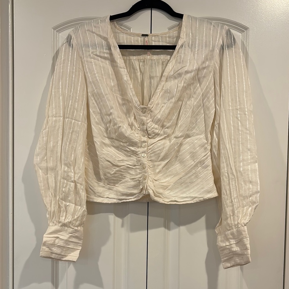 Ivory Ruched V-Neck Long Sleeve Free People top